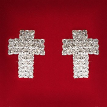 Women's Stud Earrings, White Rhinestones, Light Metal, Wedding, Evening, Cross, Large, 25mm