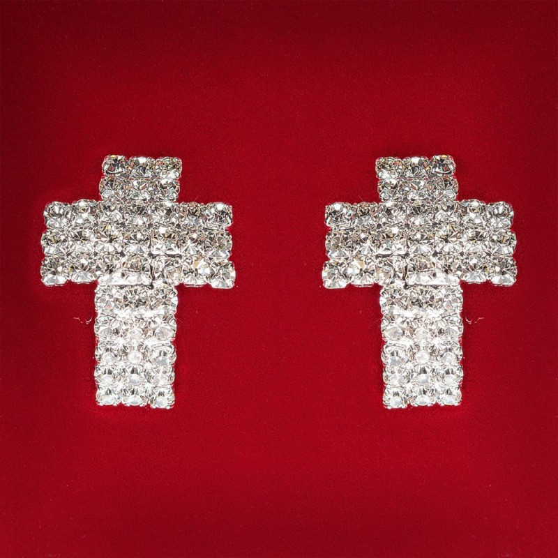 Women's Stud Earrings, White Rhinestones, Light Metal, Wedding, Evening, Cross, Large, 25mm