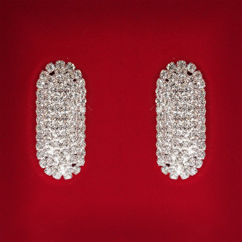 (45x25mm) Women's Stud Earrings, White Rhinestones, Light Metal, Wedding, Evening, Oval Elongated, Large