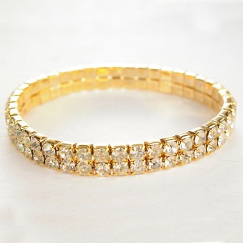 Elegant Two-Row Bracelet on Elastic, White Rhinestones, Yellow Metal, 17 cm Circumference