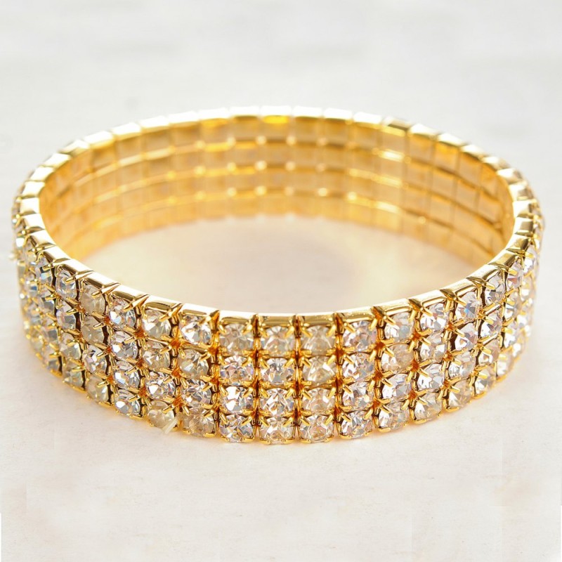 Four-Row Stretch Bracelet, Yellow Rhinestones, 16-17 cm Circumference