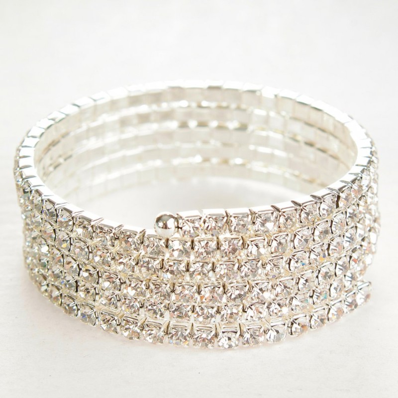 Spiral Bracelet, 5 Coils, White Rhinestones, 18-22cm Circumference