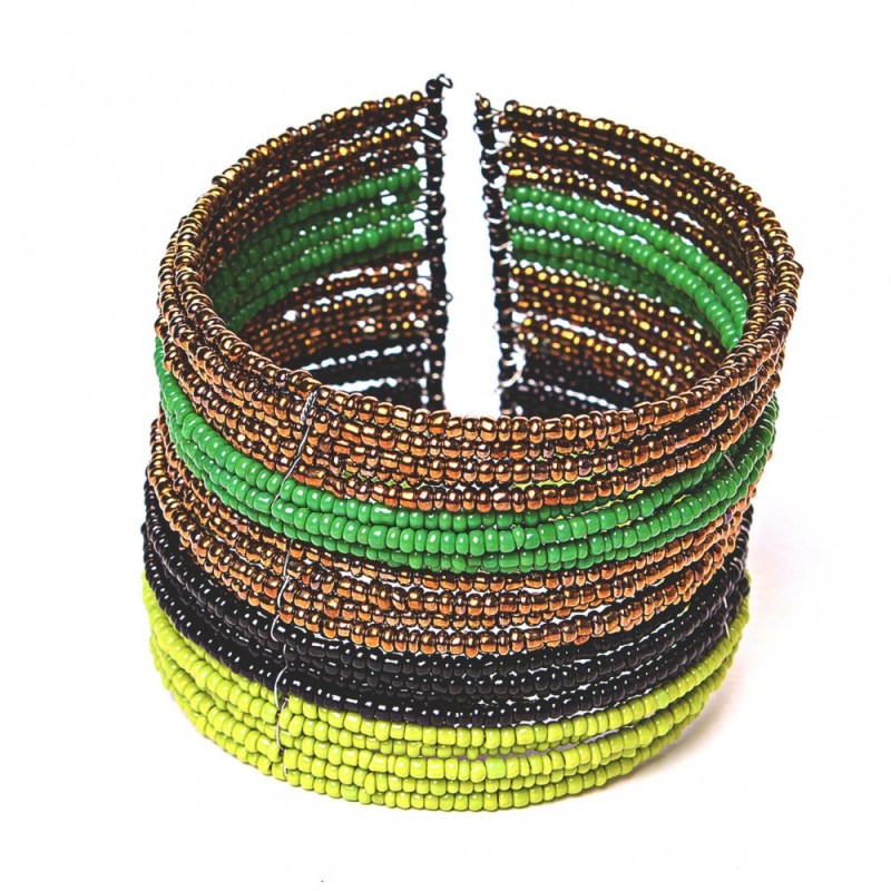 Beaded Bracelet with Clasp, Black Green Yellow Amber