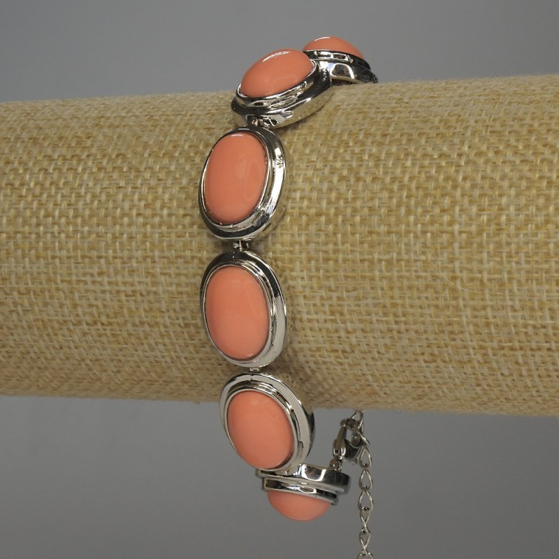 Clearance Bracelet Pink Coral (artificial) oval in a metal setting 20x14mm+- toggle clasp 19-23cm