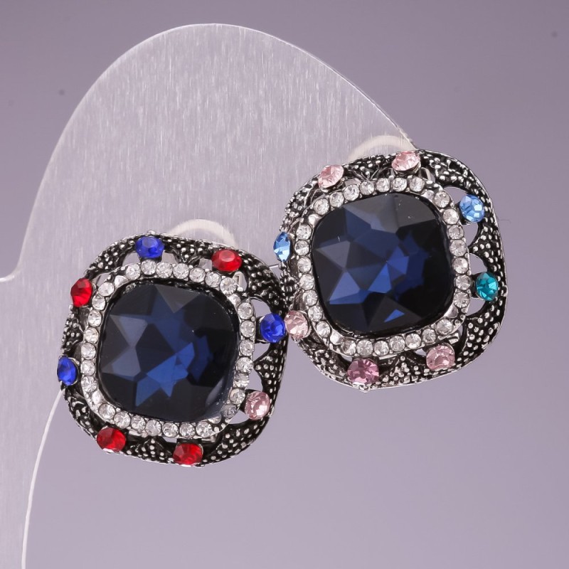 Earrings 2.3cm rainbow square rhinestones crystal blue