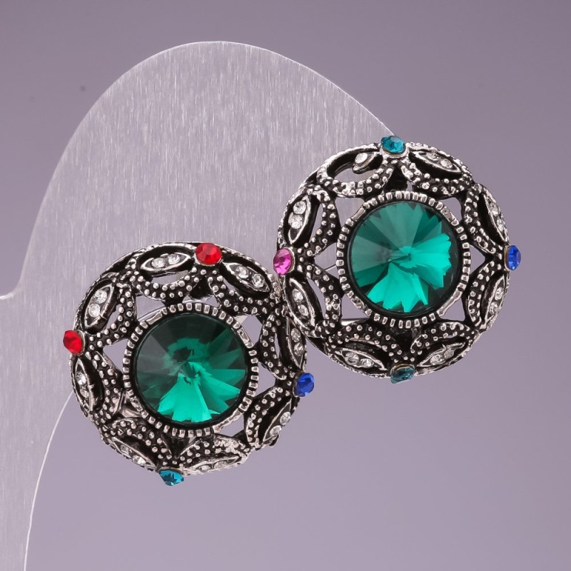 Earrings 2.5cm circle star rhinestones crystal green
