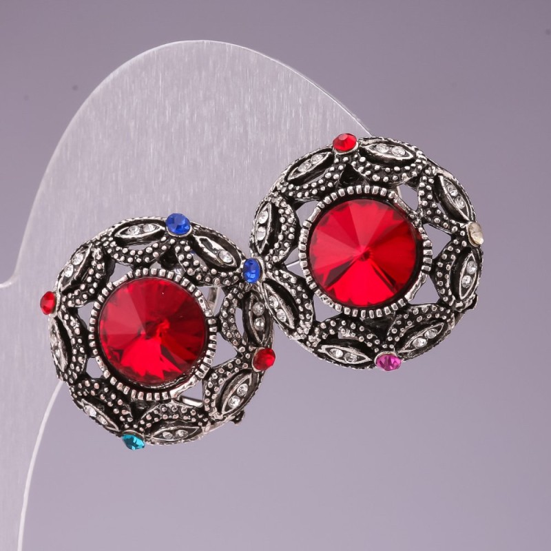 Earrings 2.5cm rainbow circle rhinestones crystal red