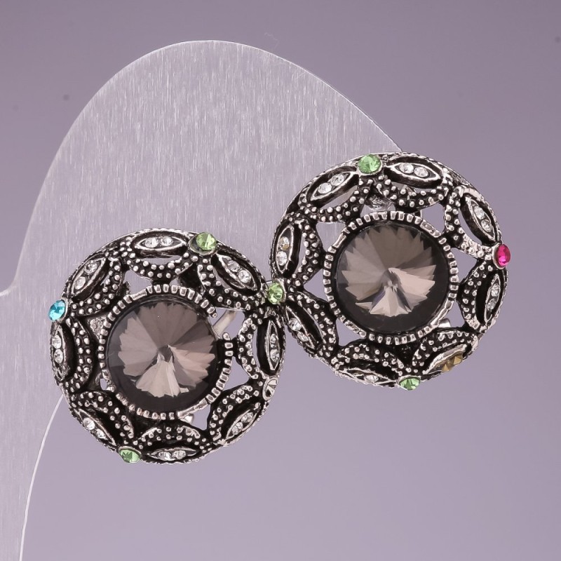 Earrings 2cm rainbow circle rhinestones crystal gray
