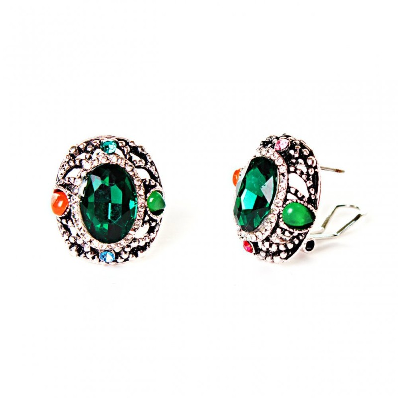 Earrings 2x2.5 cm, Rainbow Oval, Green Crystal Rhinestones