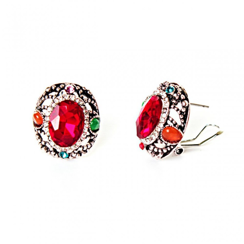 Earrings 2x2.5 cm, Rainbow Oval, Red Crystal Rhinestones