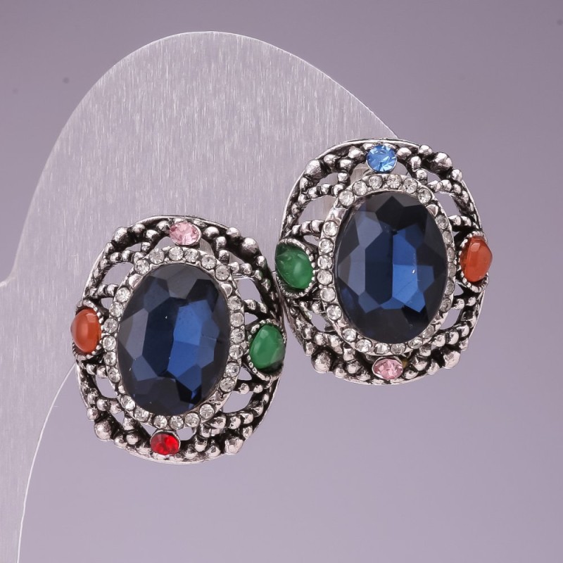 Earrings 2x2.5 cm Rainbow Oval Rhinestones Blue Crystal