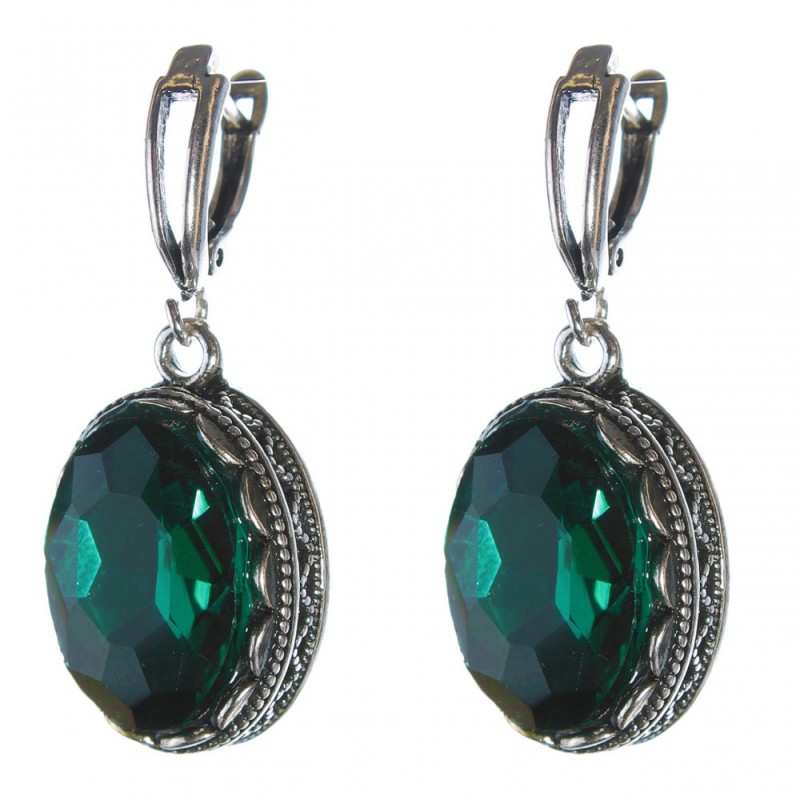 Earrings with Green Crystals, Prong Setting, Oval Stone 2x1.6cm, Length 4cm
