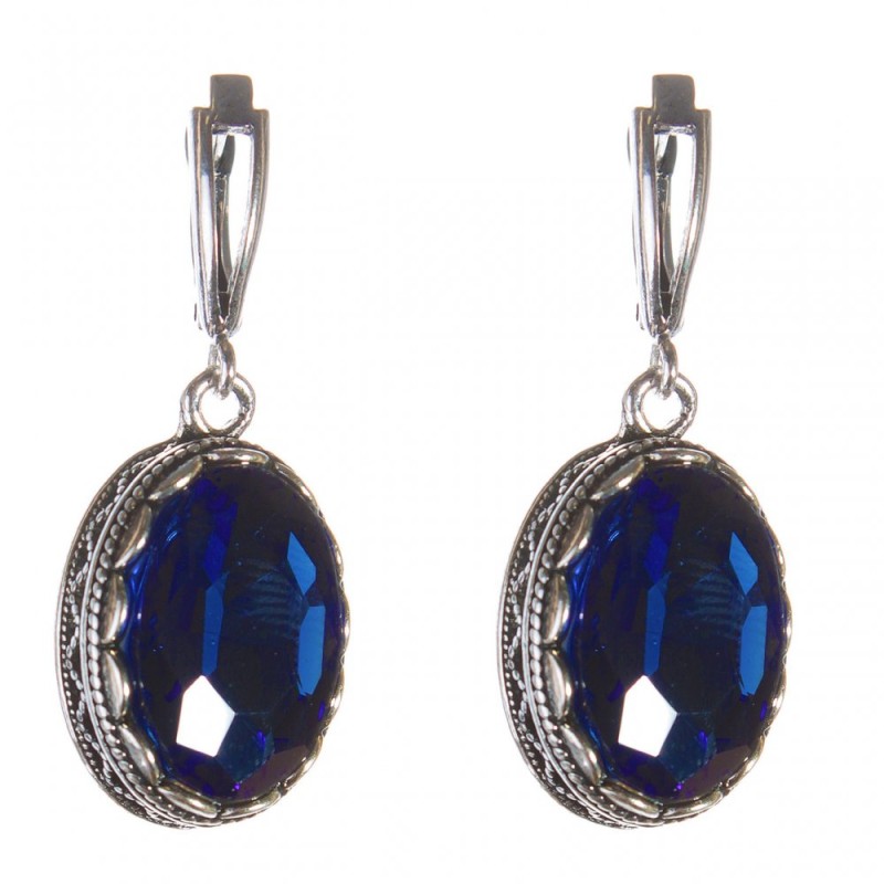 Earrings with Blue Crystals, Prong Setting, Oval Stone 2x1.6cm, Length 4cm
