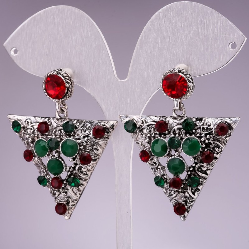 Crystal Earrings, 4 cm, Elegant, Green and Red Rhinestone Triangles