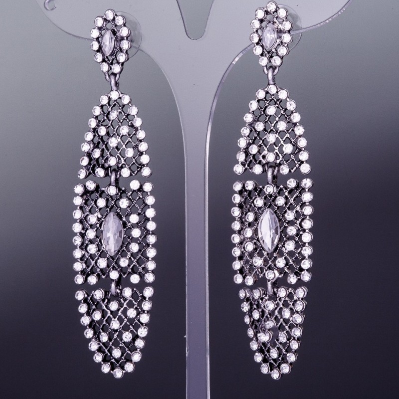 White Crystal Earrings, "Net" Style, Silver Tone