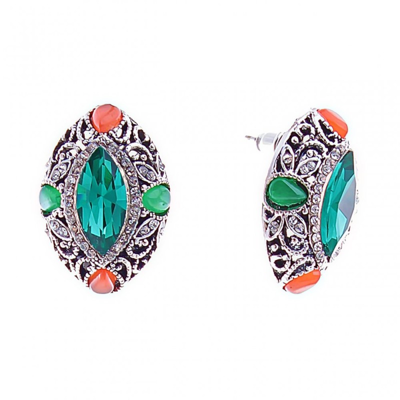 Stud Earrings with Green Crystals - Marquise, Rhinestone Setting, 26 * 19mm