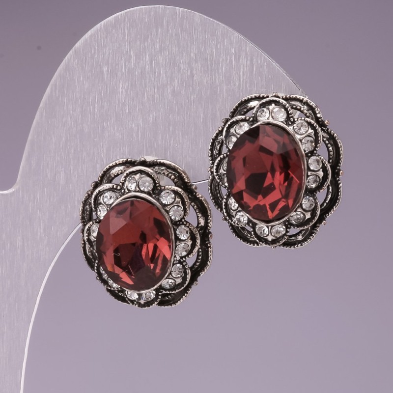 Stud Earrings with Pink Oval Crystals and Filigree Rhinestone Setting, 17mm