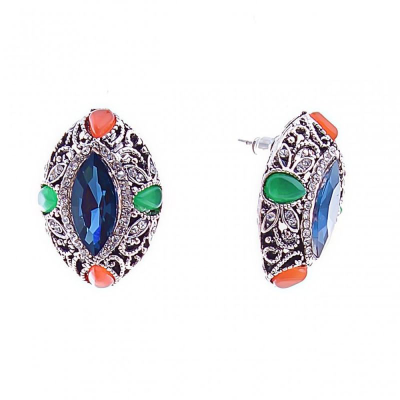 Stud Earrings with Blue Crystals - Marquise, Rhinestone Setting, 26 * 19mm