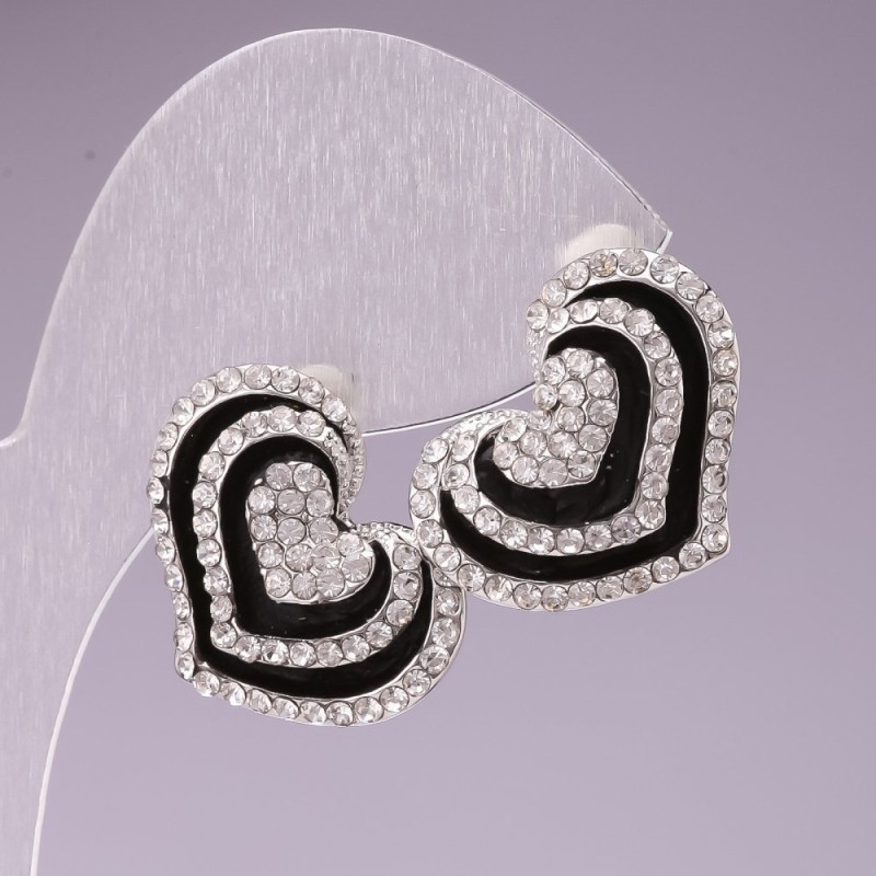 Stud Earrings "Heart" Evening / Black Enamel / White Rhinestones / Silver-tone Metal / 25mm