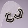 Stud Earrings "Heart" Evening / Black Enamel / White Rhinestones / Silver-tone Metal / 25mm