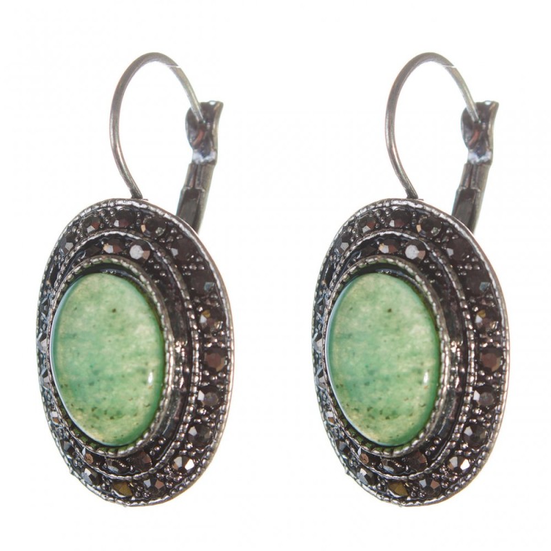 Clearance Earrings Jade in Silver Setting "droplet silver" Oval Stone 2.5×1.9 cm, length 3.5 cm