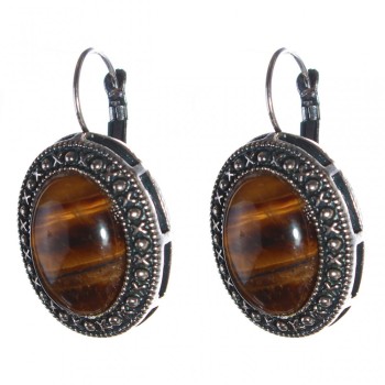 Clearance. Tiger Eye Earrings, "Dot Cross" Setting, Oval Stone 2.5x2cm, Length 3.8cm