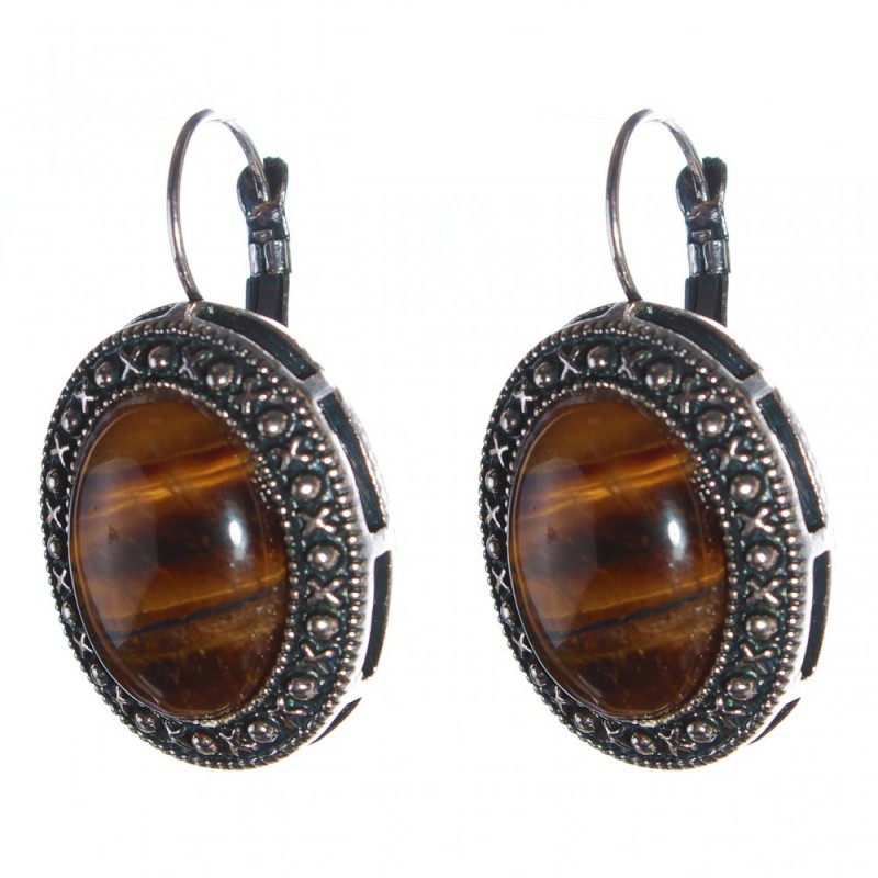 Clearance. Tiger Eye Earrings, "Dot Cross" Setting, Oval Stone 2.5x2cm, Length 3.8cm