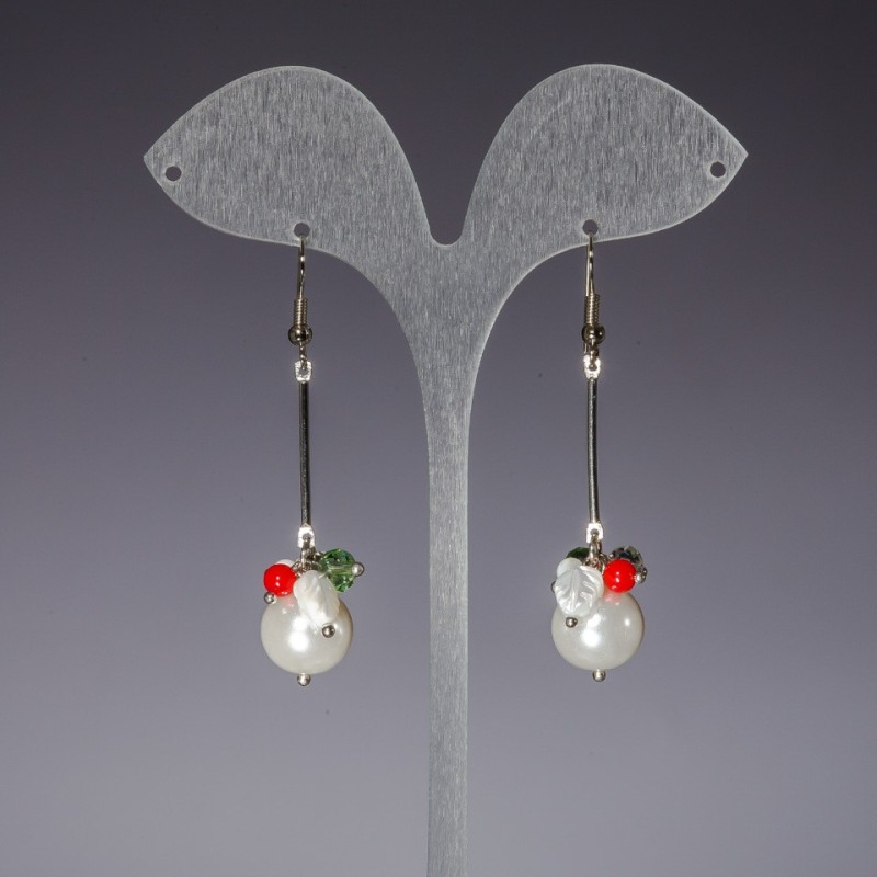 Long "Pearl" (imitation) Earrings with Colored Czech Crystal, length 6 cm