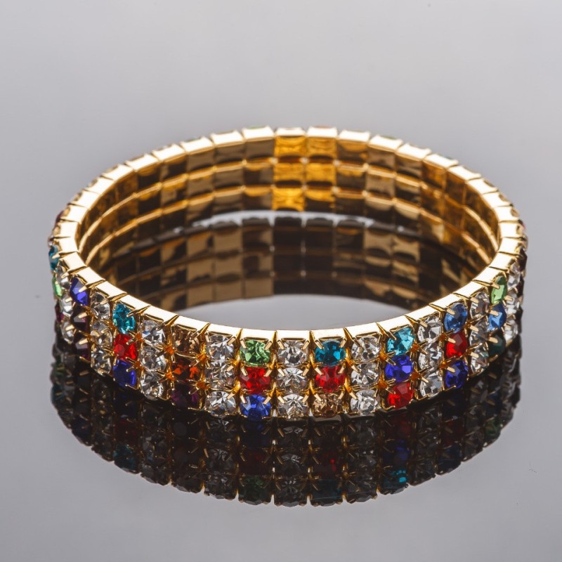 Rhinestone Stretch Bracelet, Gold Tone, Three Rows, Multicolor, Circumference 17cm