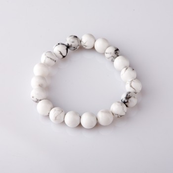 Cacholong Stone Bracelet on Elastic Band, Smooth Round Beads, diameter 10mm