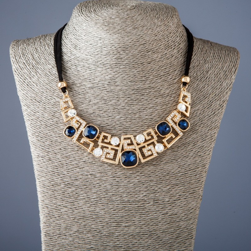 Ribbon Necklace with Blue Crystals, 50cm length - "gold" metal color