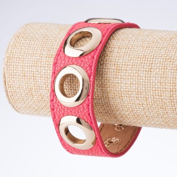 "Tin Tin" Bracelet, Studded Eco Leather with Snap Buttons, Pink, "Gold" Metal Color, 2.5cm width, 18-23cm length