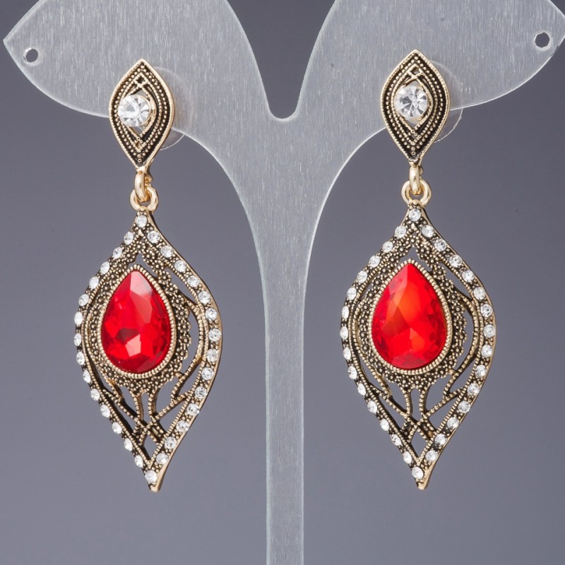 Red Crystal Earrings, "Oriental Tale" Series, "Antique Gold" Color, length cm