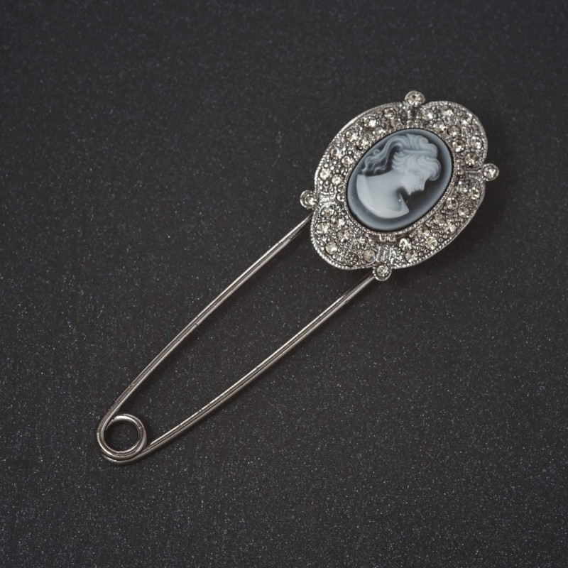 Brooch Pin Cameo Rhinestone Frame Metal Color "Silver" 8cm