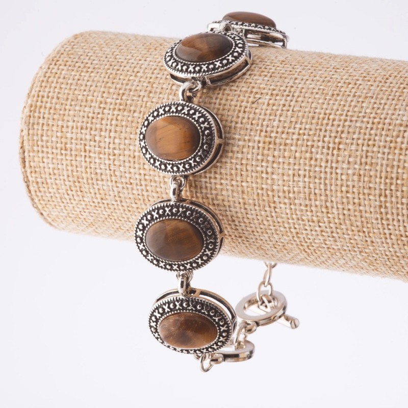 Clearance Tiger's Eye Bracelet with bezel "drop cross" oval stone 22×18mm 7 pcs, length 20-22cm