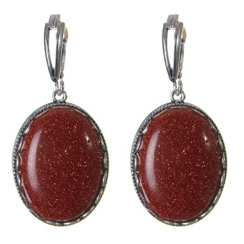 Clearance Earrings Aventurine "Gold Sand" Setting "Tooth" Oval Stone 2.8×2.1 cm, length 4.5 cm