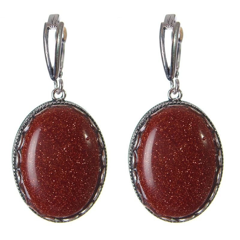 Clearance Earrings Aventurine "Gold Sand" Setting "Tooth" Oval Stone 2.8×2.1 cm, length 4.5 cm