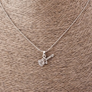 Pendant "Guitar with Note" on Figaro Chain, 52cm Length, 2x1.2cm Diameter, Silver Metal