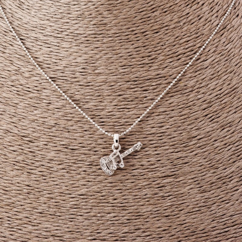Pendant "Guitar with Note" on Figaro Chain, 52cm Length, 2x1.2cm Diameter, Silver Metal