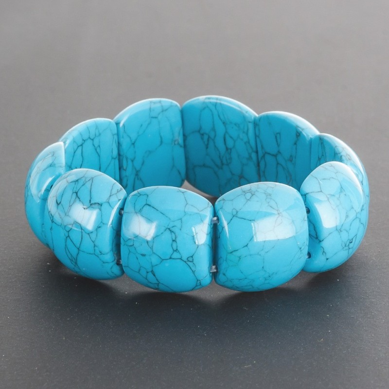 Turquoise (Pressed) Bracelet on Elastic, Glossy Convex Rectangle Link, 1.8x2.1cm