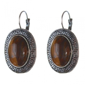 Clearance. Tiger Eye Earrings, "Greek" Setting, Oval Stone 2.3x2.8cm, Length 4cm