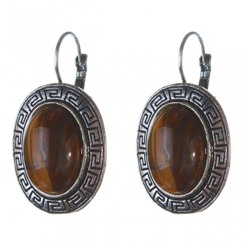 Clearance. Tiger Eye Earrings, "Greek" Setting, Oval Stone 2.3x2.8cm, Length 4cm