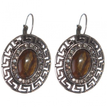 Clearance. Tiger Eye Earrings, "Greek" Setting with Rhinestones, Oval Stone 2.5x3cm, Length 3.9cm