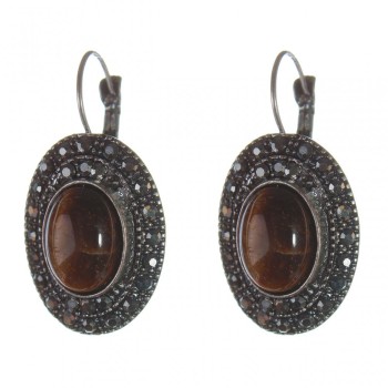 Clearance Tiger's Eye Earrings in Silver-Plated Foliate Drop Setting, Oval Stone 2.5×1.9 cm, Length 3.5 cm