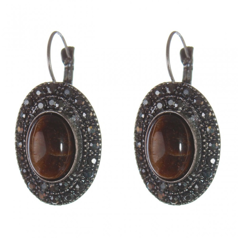Clearance Tiger's Eye Earrings in Silver-Plated Foliate Drop Setting, Oval Stone 2.5×1.9 cm, Length 3.5 cm