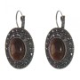 Clearance Tiger's Eye Earrings in Silver-Plated Foliate Drop Setting, Oval Stone 2.5×1.9 cm, Length 3.5 cm