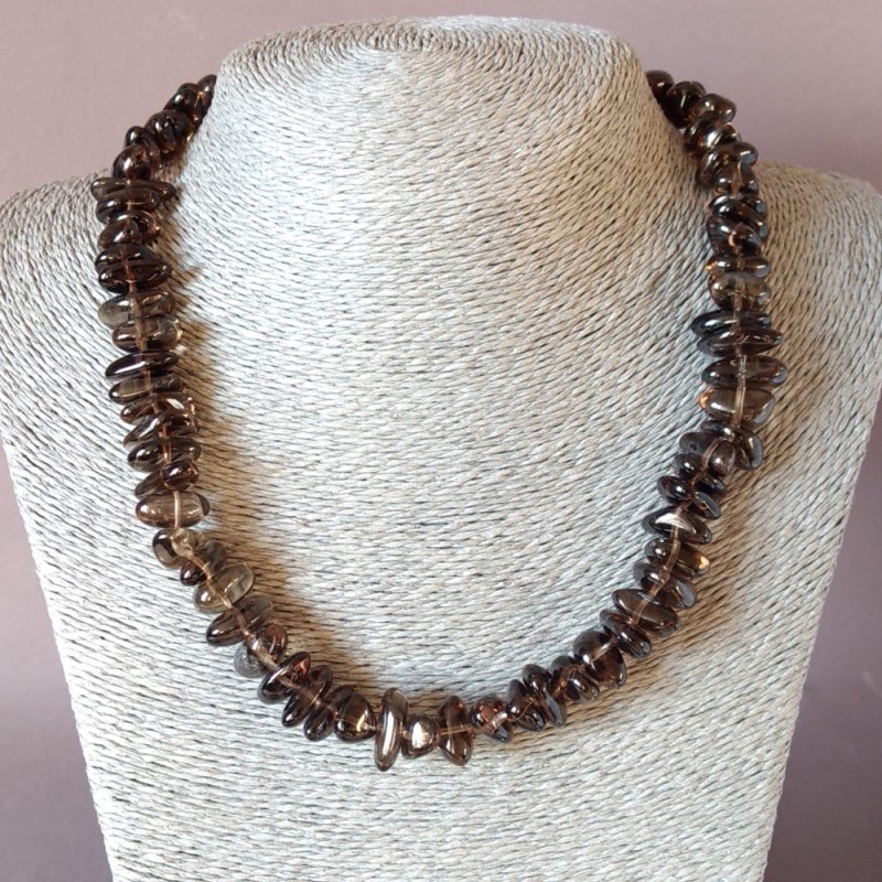 Natural Stone Smoky Quartz Necklace, Tumbled 'Butterfly' Cut, 45cm Length, 10mm Diameter (+-)