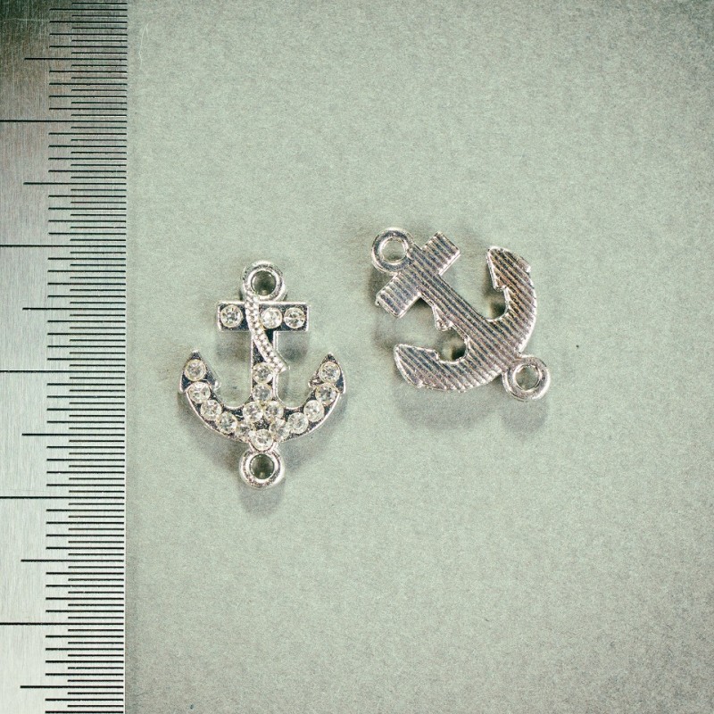 Findings Anchor Charm Connector with Rhinestones, Metal Color "Silver", 1.8x1.3 mm, Pack of 4
