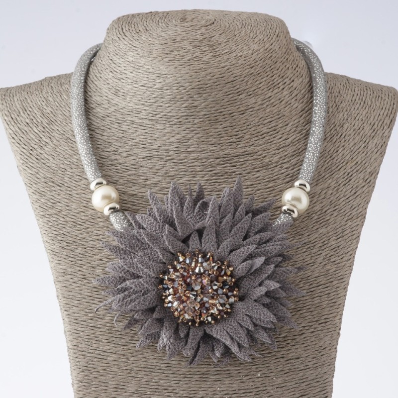 Necklace on cords “Chrysanthemums” gray textile fashion, length 48–55 cm