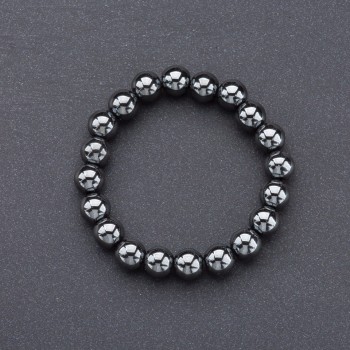 Natural Stone Bracelet Hematite on Elastic Band, Smooth Bead, Diameter 10mm